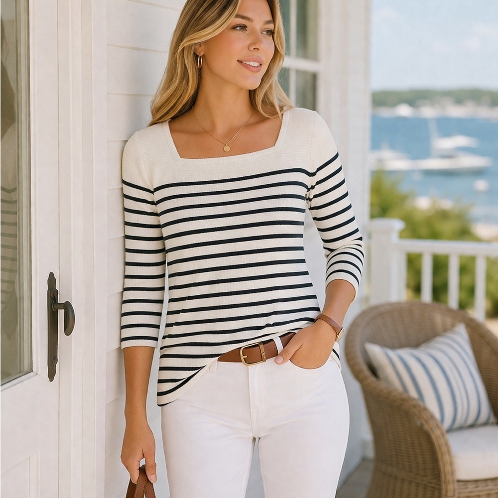 J. Jill Nautical Stripe Tunic XS Square Neck Coastal Preppy Yacht